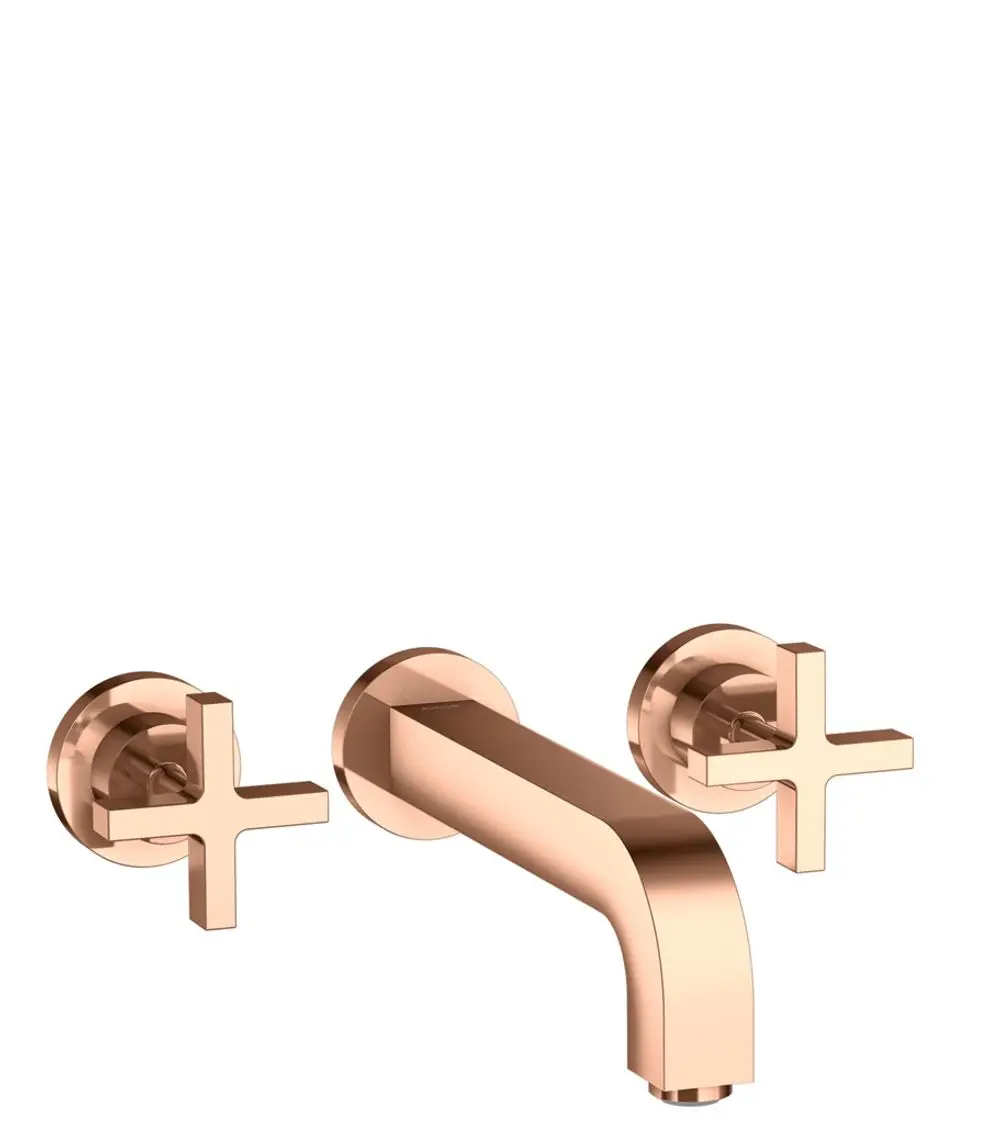 Waschtischarmatur von AXOR mit zwei Kreuzgriffen und einem Auslauf in Polished Red Gold für die Wandmontage. Ideal für Badezimmerinstallationen.